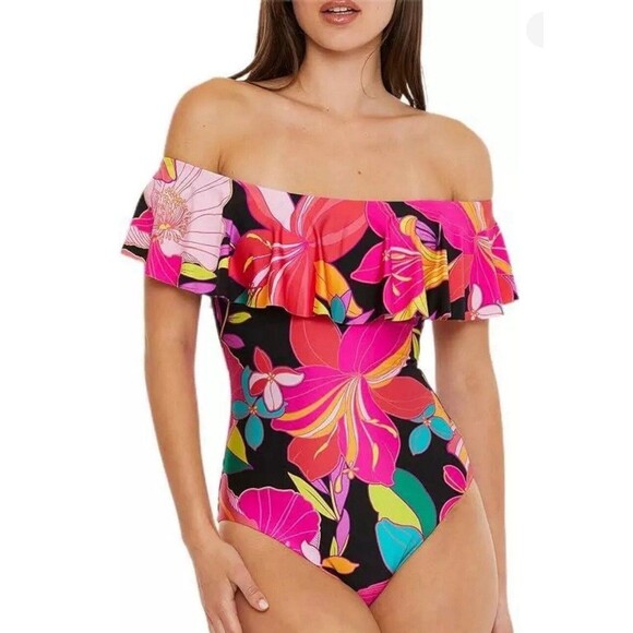 Trina Turk Swimsuit One Piece Bright Pink Tropical Floral Print Size 10 NWT - Picture 2 of 11